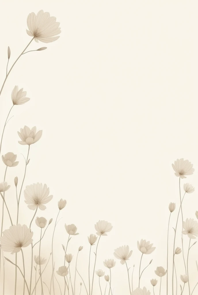 Create an off-white flower outline background, draw realistic hand drawings scattered in off-white color., Transparent background ideal for PNG format  