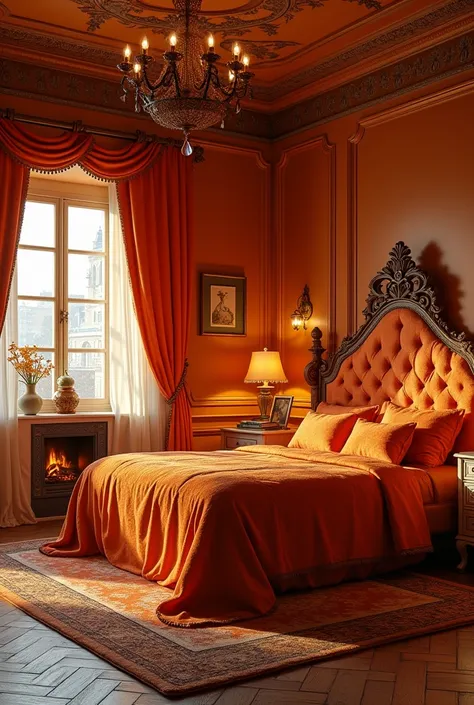 Picture only of a room with a princess bed in the color orange, beautiful and cozy with a fireplace.