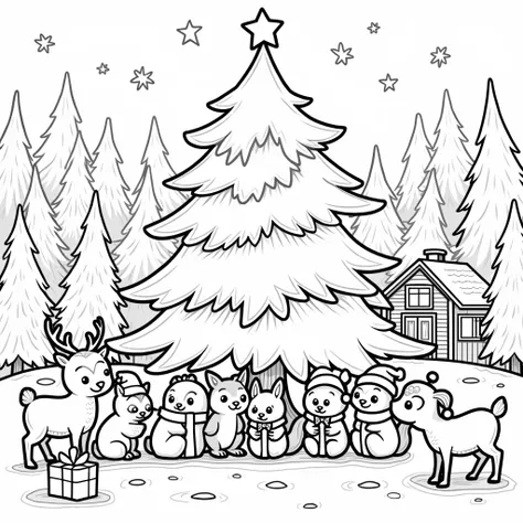 Create a simple, cartoon-style line drawing for a Christmas coloring book that features a magical forest filled with happy animals and a joyful family. The scene should be spacious, with large open areas for easy coloring. A big, friendly Christmas tree st...