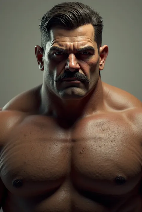  A brown-haired 3d man with thick arms, with mustache and dark circles  