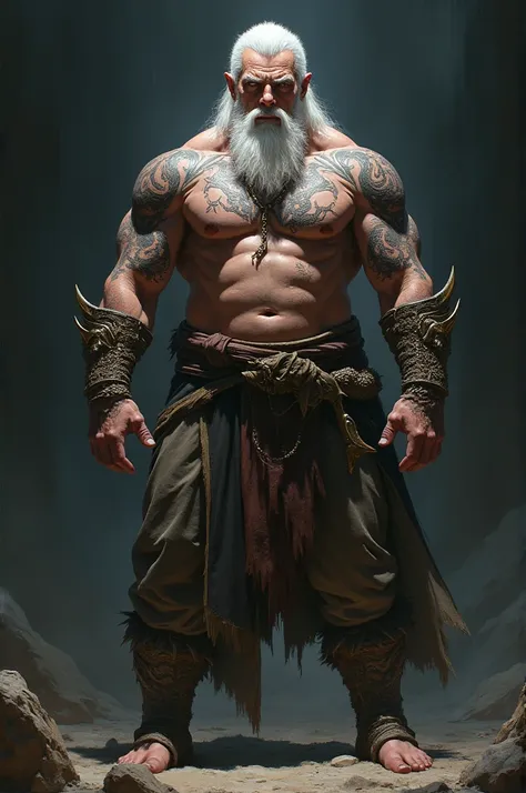 Create a white-haired barbarian with no beard that has dragon tattoos 