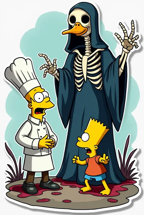 Create a cartoon sticker of a chef ,  a duck and Bart Simpson killed by death in green