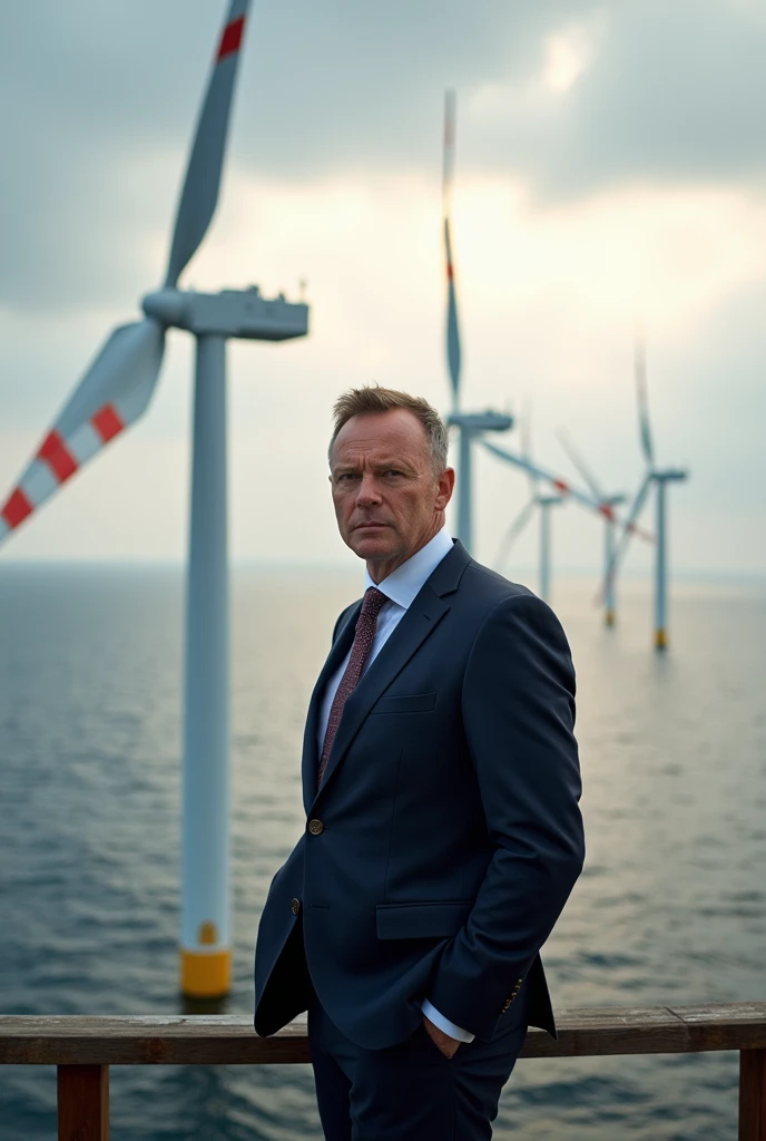 CEO von Ørsted A/S.  Mads Nipper stands on a platform in front of a huge offshore wind farm. The wind whips through the turbines ,  while the sun peeks out from behind the clouds .  look at the camera