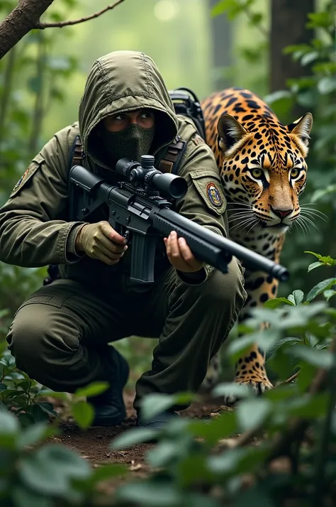 Sniper soldier with a jaguar spotted on the side of the bush with a camouflaged face 