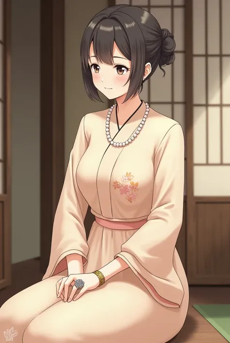 Ritsuko is dressed in a traditional housewife dress, the fabric a soft pastel color with a delicate flower pattern on the skirt. Her hair is pulled back into a neat bun, and she has a strand of pearls around her neck, a simple gold chain bracelet on her wr...