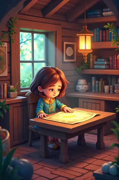 "In a cozy rustic cottage rendered in 3D pixel art style, a young girl named Aria with shoulder-length brown hair and a blue tunic with golden trim sits at a wooden table. She is holding a glowing map that illuminates her curious face. The room is warmly l...