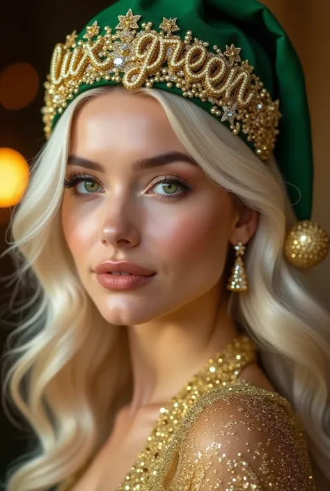 "A hyper-realistic, incredibly friendly, and charming young woman with stunning platinum blonde hair that cascades in silky, smooth waves. Her eyes are a vivid, enchanting shade of green that captivate with their brightness and depth. Her lips are adorned ...