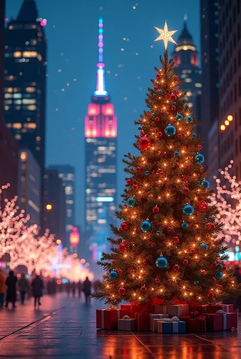 Christmas photo , city, like New York City all covered in colored lights,  in front of a decorated Christmas tree , the background is bright and filled with colored lights
