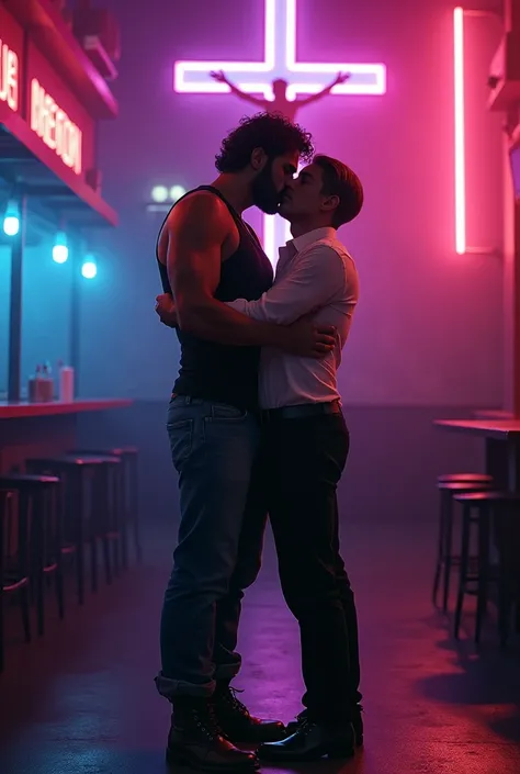 Background de um bar com luzes neon rosa e azul, with a crucifix pinned to the wall  ,A tall man,  Arabian look ,  wearing a black tank top ,  jeans and military boots kissing a short man, White, Young, straight light brown hair , thin,  wearing white dres...