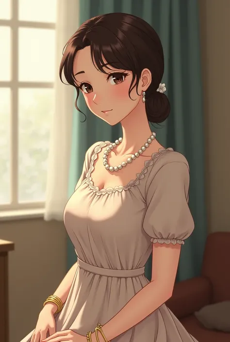 Ritsuko is dressed in a housewife dress, the fabric a soft pastel color with a delicate flower pattern on the skirt. Her hair is pulled back into a neat bun, and she has a strand of pearls around her neck, a simple gold chain bracelet on her wrist. The onl...