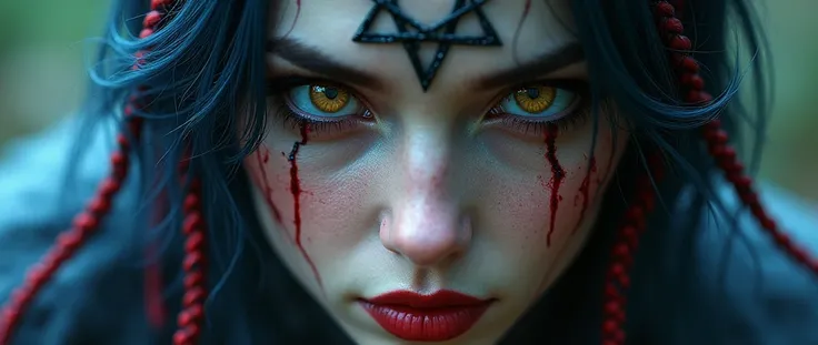 ( A close-up of a better masterpiece :1.5)0.9], ( female half-naked succubus and half-naked witch:1.2) ( braided blue and red hair :1.1) ( heterochromia xanthochromia and gray eyes :1.2) (Pentagram tattoo on face :1.0) (blood on face:1.0) 