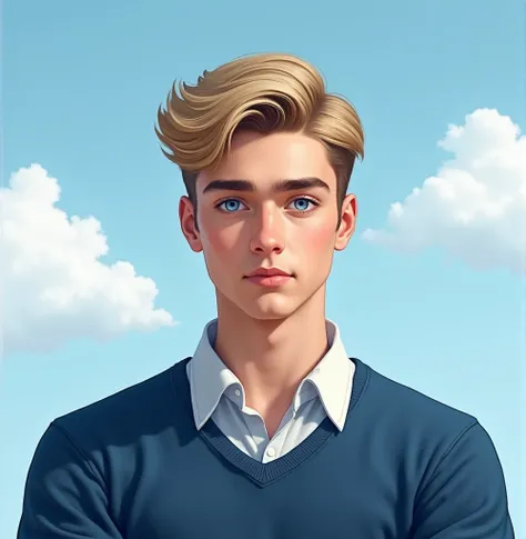  The picture is a portrait of a  with blonde hair and blue eyes.  wearing a blue sweater and a white shirt .  The background is a blue sky with white clouds .  The boy looks directly at the camera with a serious expression on his face . In the center of th...