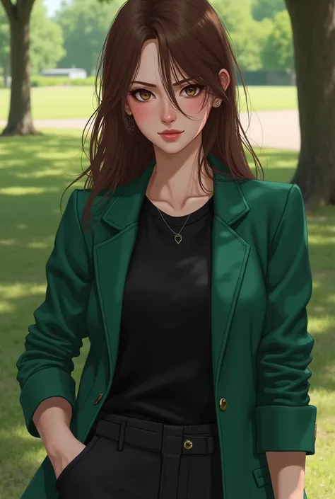 Brown haired girl, smooth white leather ,  shiny brown eyes , reddish lips,  long eyelashes and slight freckles on her face.  Dressed in a black shirt ,  emerald green jacket , black flick,  black shoes,  with a gesture of displeasure ,  Looking at the cam...