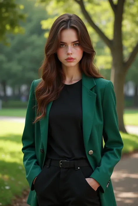 Brown haired girl, smooth white leather ,  shiny brown eyes , reddish lips,  long eyelashes and slight freckles on her face.  Dressed in a black shirt ,  emerald green jacket , black flick,  black shoes,  with a gesture of displeasure ,  Looking at the cam...