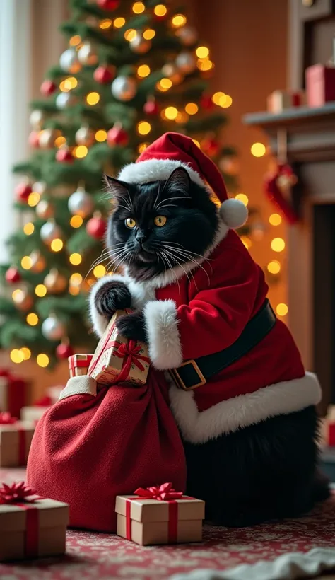  Black fluffy Siberian cat Santa, stands on its hind legs, dressed in a Santa Claus  . costume with clear and lively detail  ,  in the Christmas living room .  At the big Christmas tree ,  puts gift boxes under the tree , taking them out of Santas red bag ...