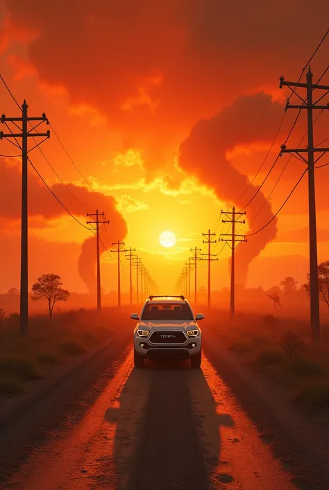  You can make an image like this :
 Im inside the box a white van  (type Tacoma )  and the van is going in the center of a dirt road .  If I turn up ,  On the sides of the road there are typical light poles .  But the sky is like orange red  ( as if it wer...