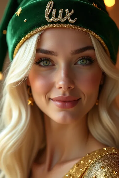 "A hyper-realistic, incredibly friendly, and charming young woman with stunning platinum blonde hair that cascades in silky, smooth waves. Her eyes are a vivid, enchanting shade of green that captivate with their brightness and depth. Her lips are adorned ...