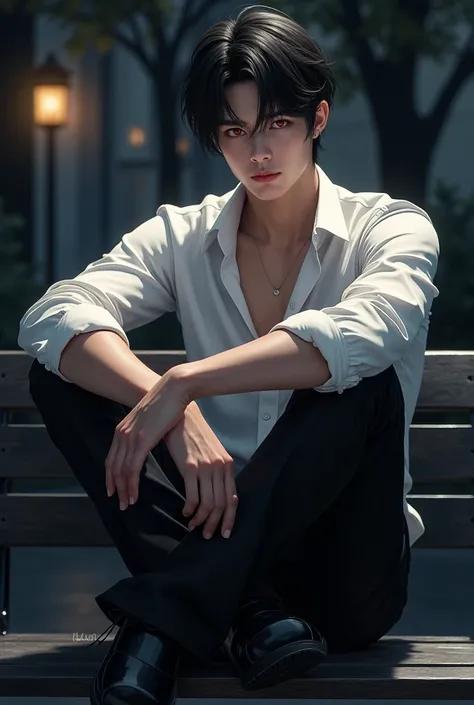 A young handsome guy with black hair that frames his face, sittimg on a bench crossing his arms and legs, he is wearing a white sleeve and black pants and black polsihed shoes, its night , beautiful red eyes
