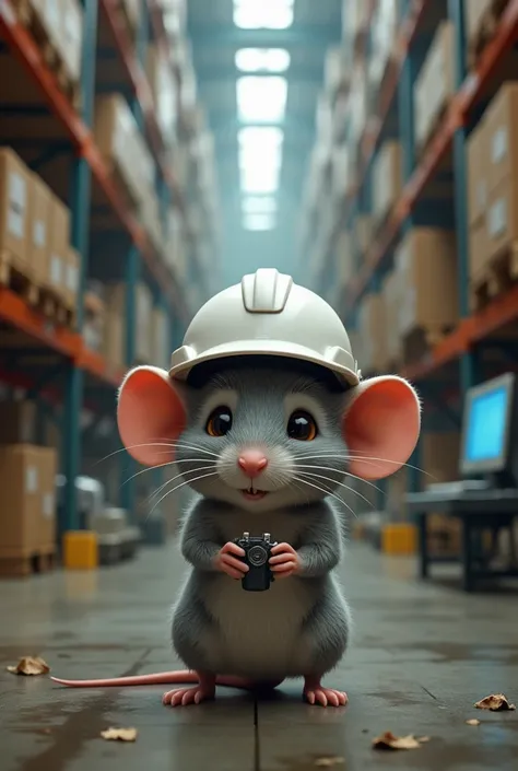 Mouse with white work helmet and a computer in a warehouse.

