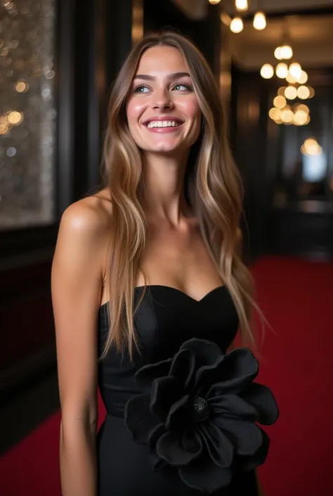  laughs Caroline Trentini 25 Years old with very long straight brownie hair ,  lip gloss on thin lips , white textured skin , eyes, upturned nose, skin An elegant black dress with a strapless design and a large fabric flower on the chest as the main detail...