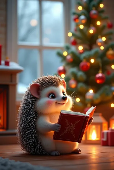 A cute hedgehog singing Christmas songs holding a Christmas carol book in front of a multi-colored tree in a Cozi lounge near a fireplace and a window where you can see it snowing