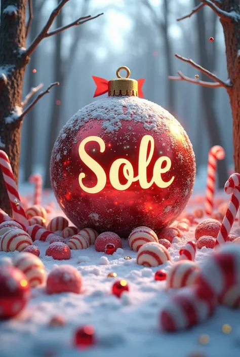 bright with christmas ball with name “Sole” in a snowy forest with candy and with a big bow, photo, 3d render