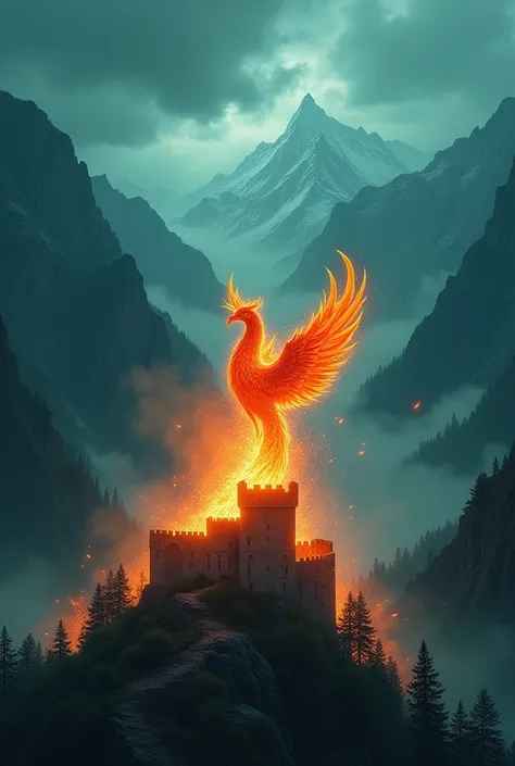 Create a dramatic book cover with a teal background depicting mountains and a fortress and a flame in the form of a mythical phoenix in the front. Focus on the striking contrast between the fiery orange of the flame and the muted colors of the background, ...