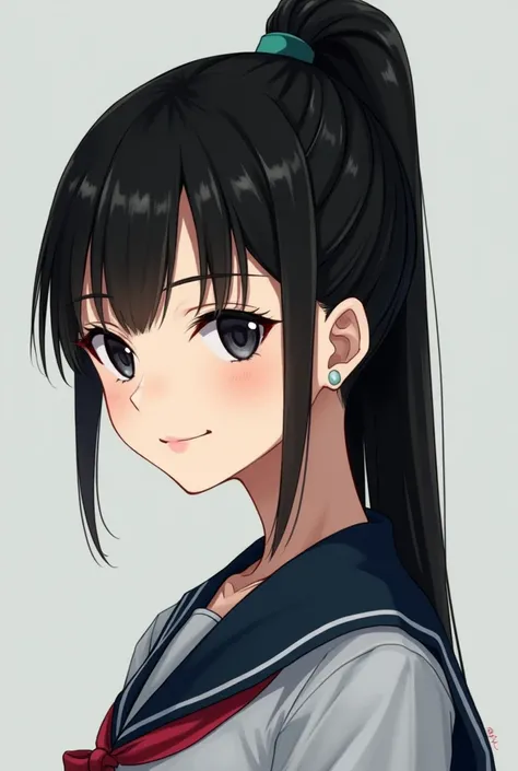 Japanese girl,  tall with straight black hair in a high ponytail,  striking black eyes , stunning look ,  Dressed in school uniform ,  smiling for the camera ,  .  realistic . 