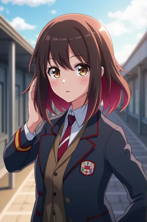 Screenshot of my Hero Academia 
16-year-old medium-haired girl of brown and red in layers with dark brown eyes in the UA uniform