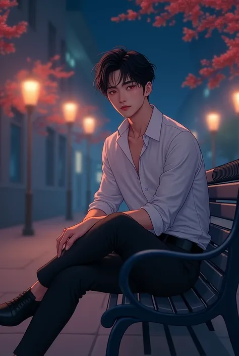 A young handsome guy with black hair that frames his face, sittimg on a bench crossing his arms and legs, he is wearing a white sleeve and black pants and black polsihed shoes, its night , beautiful soft red eyes, realistic
