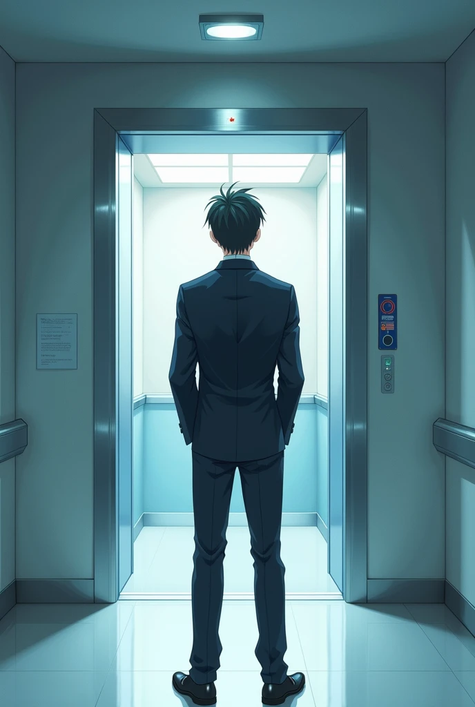 Black-haired young man in a suit stops in front of the anime-style hospital elevator