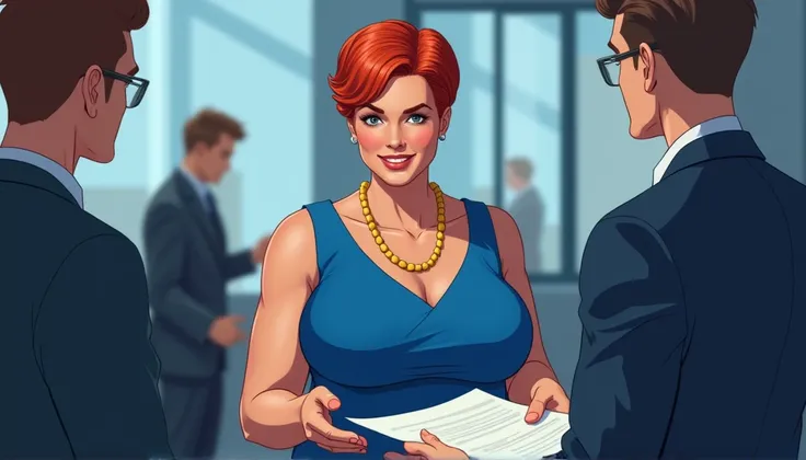  An adult fat woman with very short red hair is standing in the office.  There are people in business classes around her .  One of the men hands her a large white sheet of paper .  The woman is wearing a blue dress without a neckline , closed-type .  A wom...