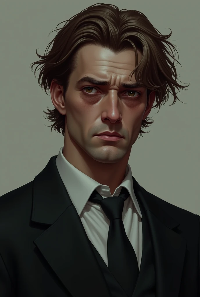 2D man with dark circles, With brown hair and a black suit 