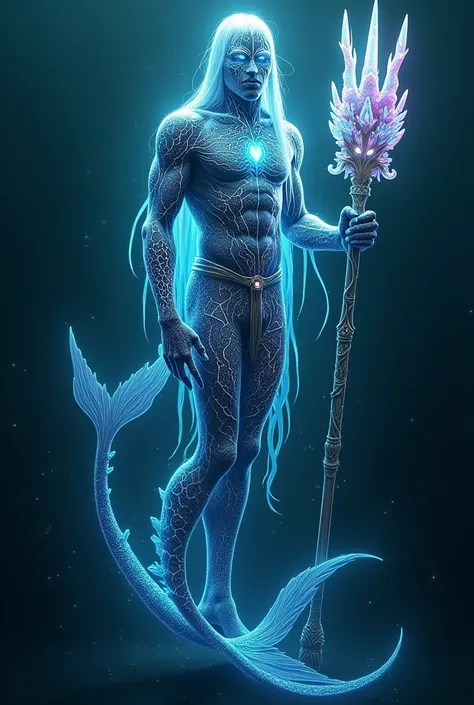 "Depict the Mer-King, a regal aquatic ruler with translucent skin inspired by bioluminescent deep-sea creatures. His upper body is humanoid, with glowing veins and shifting light patterns beneath his semi-transparent flesh, in hues of deep blues, teals, an...