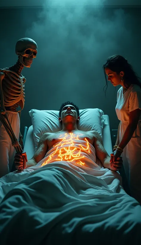 A terrifying recovery room where the patient awakens to find their body covered in glowing sigils, pulsating with an unnatural, fiery light. The doctor standing nearby has a face obscured by a void of darkness, and the family member holding their hand is r...