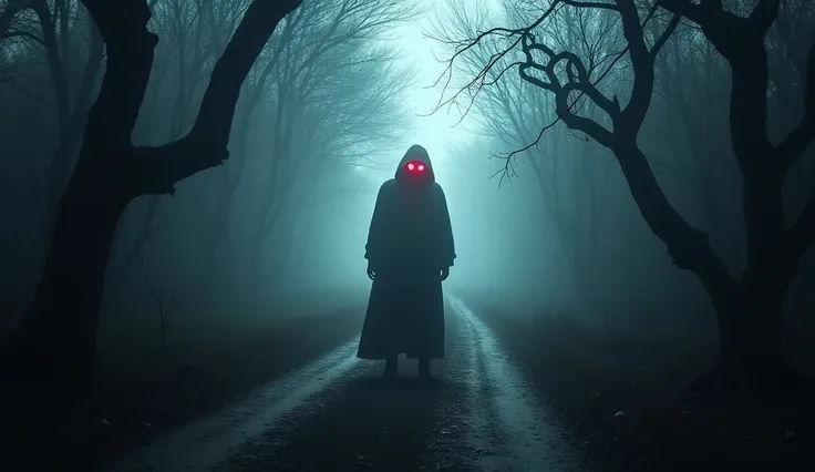  A narrow and deserted dirt road through a dense dark forest ,  with twisted trees and branches that seem to form shadows of claws . In the background,  a hooded figure standing in the middle of the road ,  illuminated by a pale and mysterious light emanat...