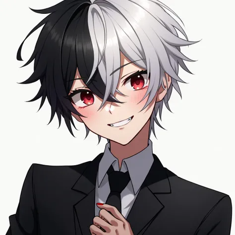 Anime-style illustration of a handsome and cool character with a mischievous smile showing teeth with a hint of fangs. The character has a two-tone hairstyle, with black and white hair, the white hair covering one eye. The character is wearing a black suit...