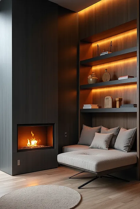  Fireplace with insert slightly to the left ,  to the right a seat 40 cm high and 120 cm wide. To the left of the insert ,  open niches to store wood , avec des étagères superposées au-dessus pour des objets décoratifs. Design moderne,  materials such as w...