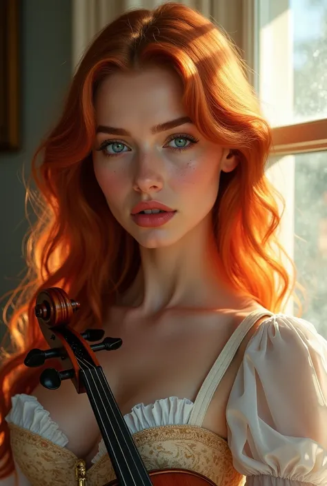  Detailed realistic portrait Caucasian woman with a seductive expression looking at the viewer.  Big Tits,  they have long, slightly wavy red hair and bright blue eyes , She holds a finely detailed violin instrument . Sunlight gently passes through her hai...