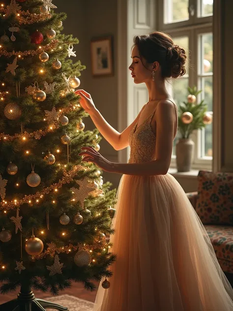 portrait of a woman in a long dress decorates a Christmas tree, Christmas decoration, trending on artstation, sharp focus, studio photo, intricate details, highly detailed