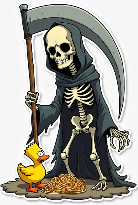 Create a caricaturized death sticker with a scythe killing a duck, Some spaghetti and Bart Simpson