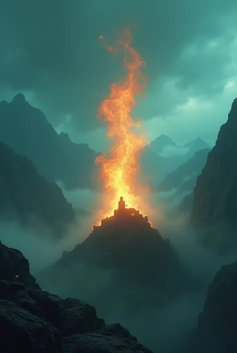 Create a dramatic book cover with a teal background depicting mountains and a fortress and a flame that looks like a PHOENIX in the front. Focus on the striking contrast between the fiery orange of the flame and the muted colors of the background, creating...