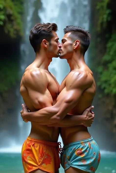 Two very handsome young Brazilian men, 21 years old, with tanned skin. Both men have bodies that have been worked out in the gym, and their muscles are quite large. Both men have short brown hair: one of the men has straight, spiky hair, and the other has ...