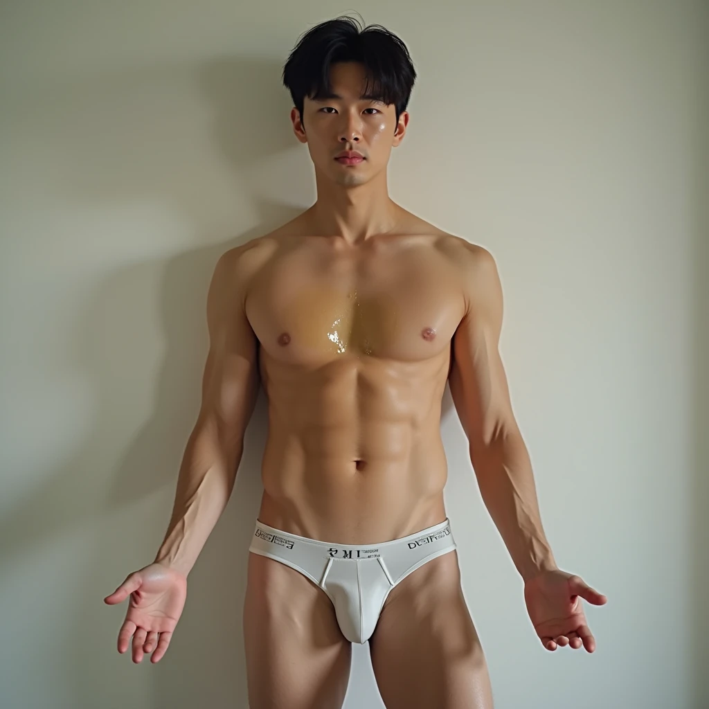  surrenders,photograph, super high definition , handsome Japanese male announcer in his 20s wearing ultra-thin and thin ((Paper bikini pants )) with an erect penis that sticks out when naked and wet with oil(( crotch massaged )), full body,