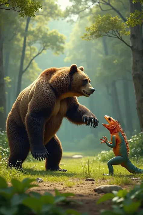 A realistic depiction of a bear and a lizard facing each other with angry expressions. The bear is a large brown grizzly bear, standing on all fours, muscles tensed, with its full body visible. The lizard is a brightly colored iguana, standing on its legs,...