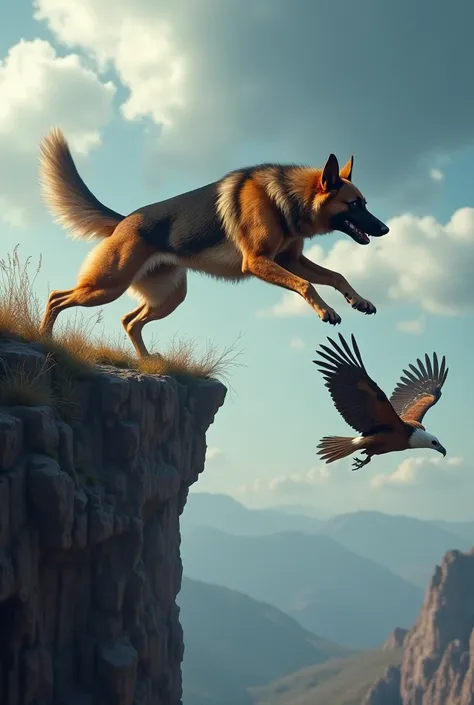 Image of a strong, large dog and German shepherd breed jumping fiercely off a cliff trying to attack a retreating eagle