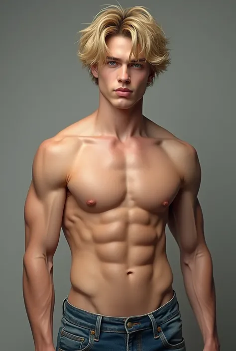 A perfect blonde ( 18-year-old boy )  with lighter tufts than others that fall on his forehead in a carefree way , deep gray hypnotic eyes with a characteristic mockery , thick and perfectly pink lips , very defined jaw , neck worthy of biting with marked ...