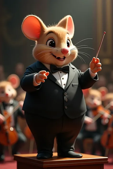 Create the chubby little mouse Gus from Cinderella ,  wearing a formal black suit and conducting an orchestra