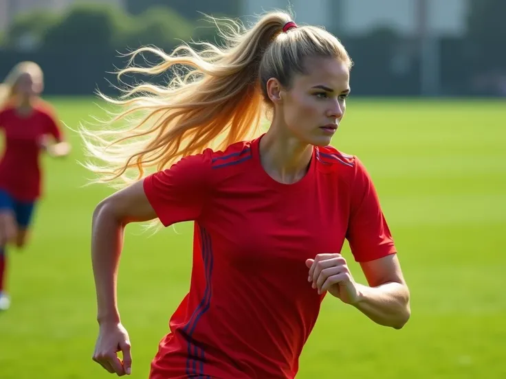 Realistic, busty beautifull woman, blond long ponytail,  big boobs, red soccer Jersey, soccer field, running, Portrait 