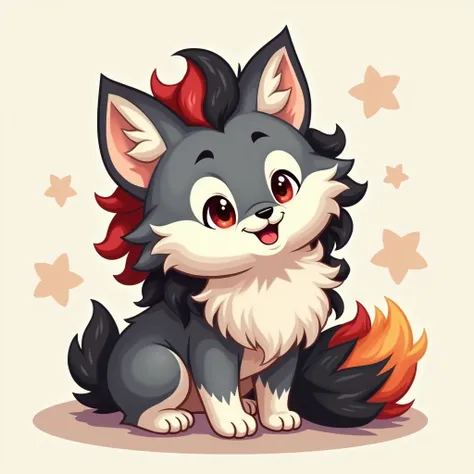 cute male wolf pup with a very big fluffy, lavish, soft grey and blackish-red fur with a big fluffy lavish soft mane around his neck in the colors red and black with a little bit of orange and yellow with a white under belly and paws and a big fluffy soft ...